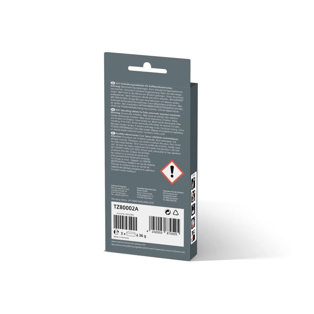 Pastilles détartrantes 2-en-1 (3pcs) d'origine Siemens EQ. Séries 00312094 / TZ80002A / 00576693