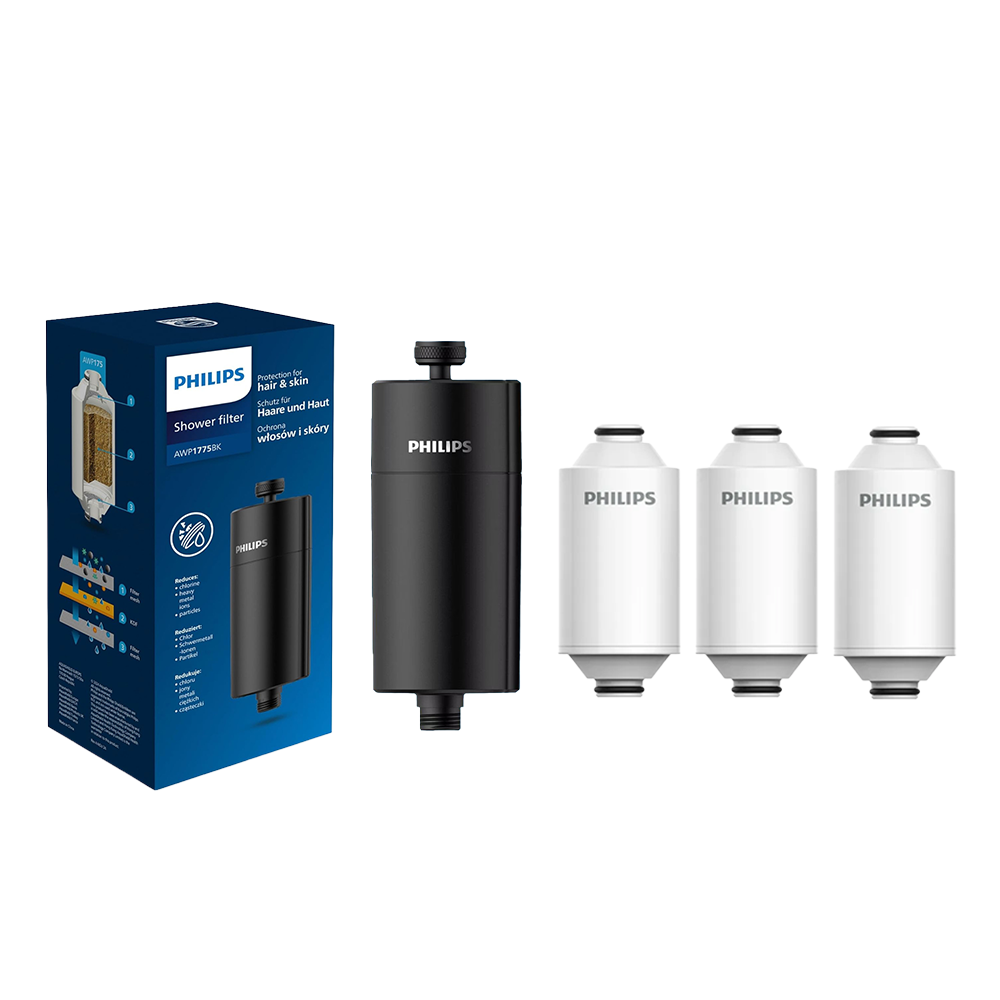 Philips filtre de douche (noir) avec 3 cartouches compatible avec tous tuyaux et robinets