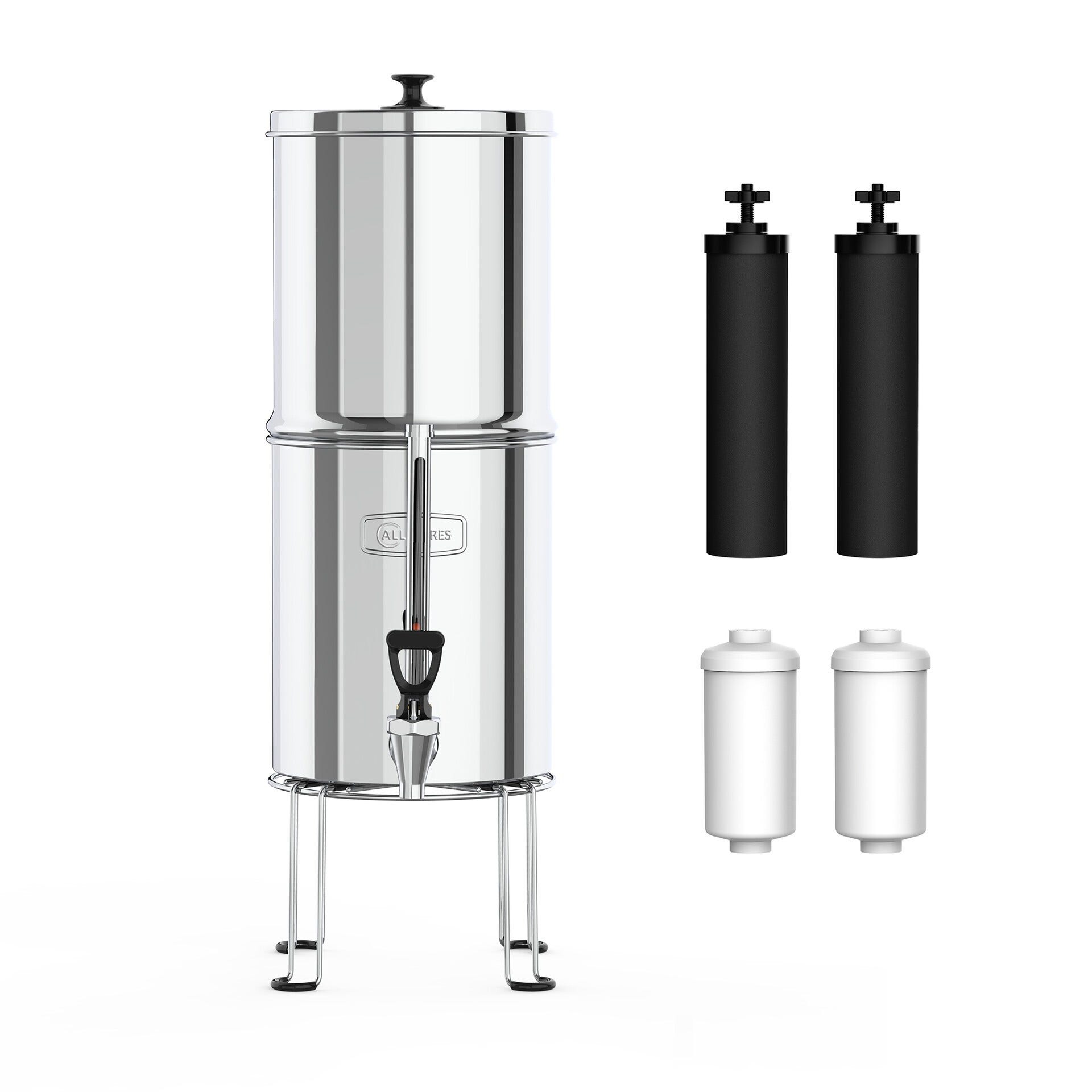 Système de filtration d'eau par gravité en acier inoxydable (8.5l) incl. 2 filtres à charbon et 2 filtres à fluorure