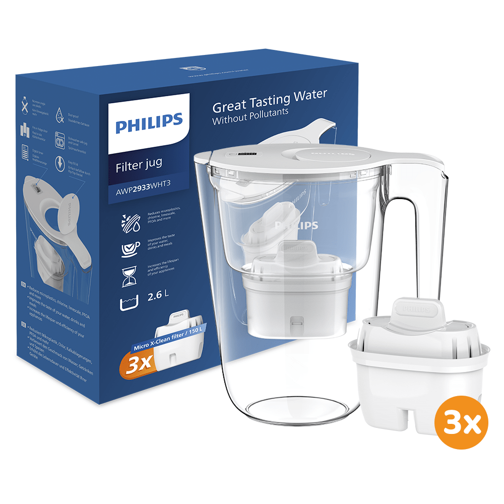 Philips Carafe filtrante 2.6L + 3 Micro X-Clean cartouches filtrantes (filtre aussi les PFAS) AWP2933WHT3