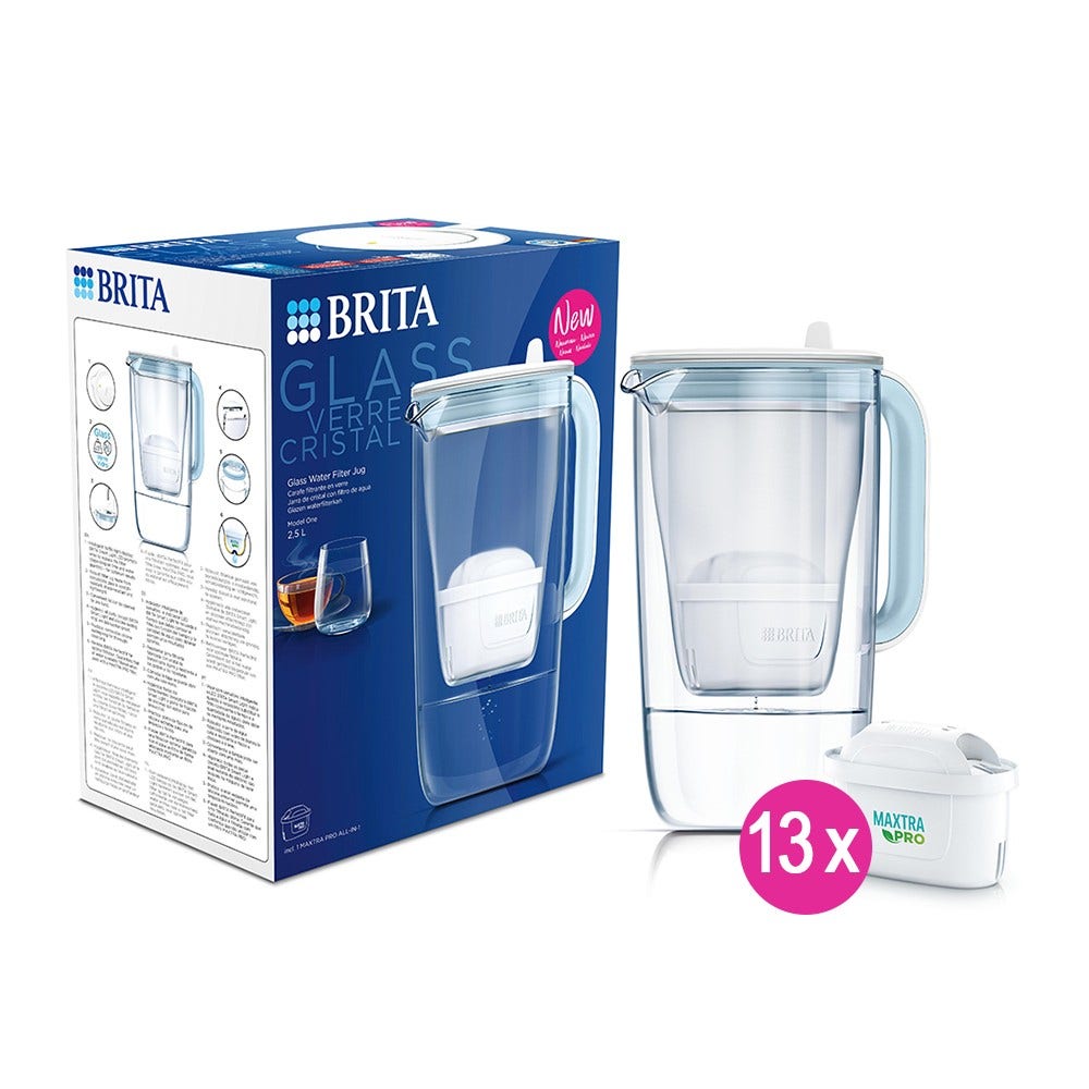 BRITA Carafe filtrante en verre Model One 2.5L + 13 filtres à eau MAXTRA PRO (filtre aussi les PFAS)