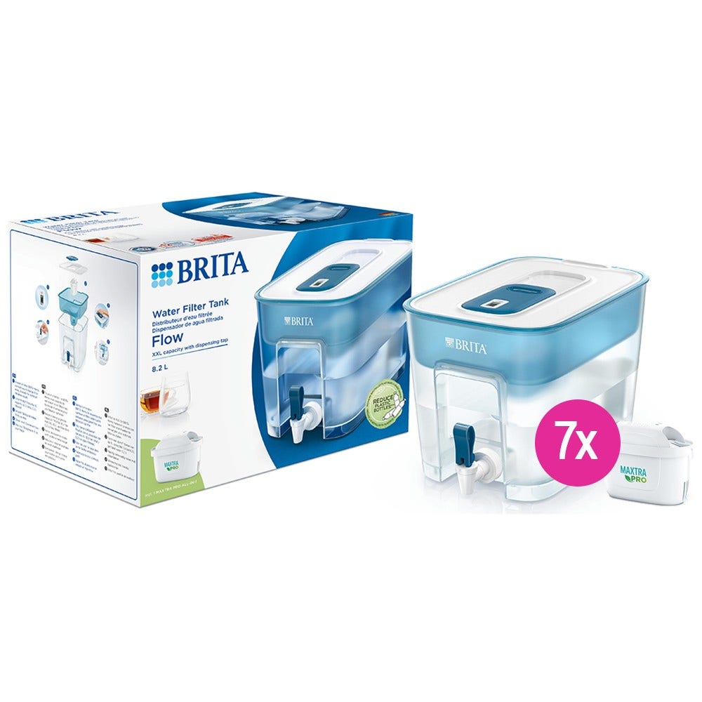 BRITA Distributeur d'eau filtrée Flow Basic Blue 8,2L + 7 filtres à eau MAXTRA PRO (filtre aussi les PFAS)