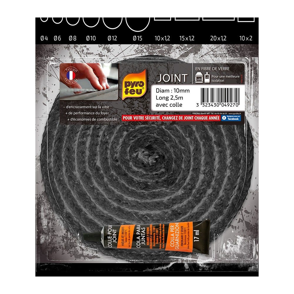 Joint Noir Pyrofeu Rond diam 10mm, longueur 2,5m, avec colle