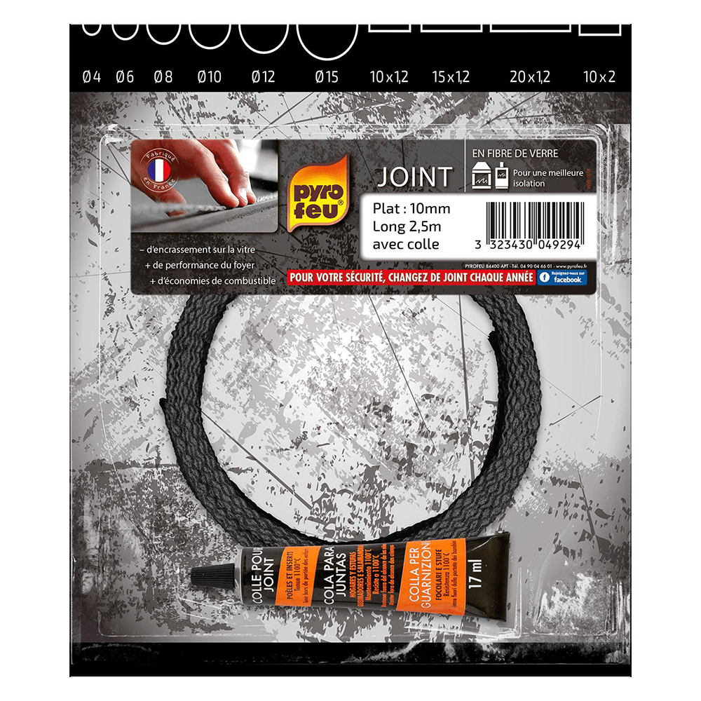 Joint Noir Pyrofeu Plat 10x1,2mm, longueur 2,5m, avec colle