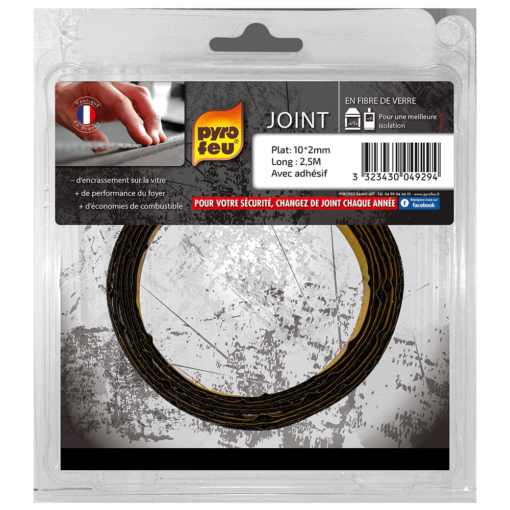 Joint Noir Pyrofeu Plat 10x2,0mm, longueur 2,5m, avec adhesif